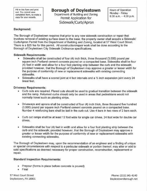 First page of the Sidewalk/Curb/Apron Permit Application