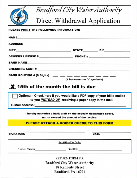 First page of the Water Authority Direct Withdrawal Application