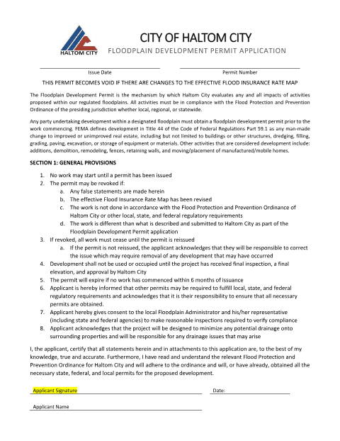 First page of the Floodplain Development Permit Application