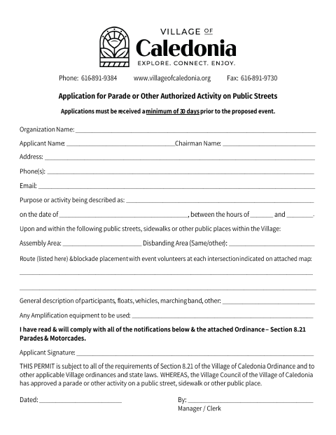 First page of the Application for Parade or Other Authorized Activity on Public Streets