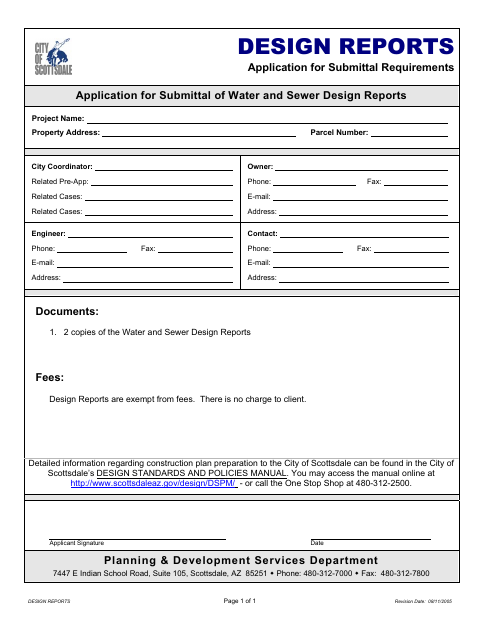 First page of the Application for Submittal of Water and Sewer Design Reports