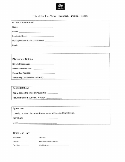 First page of the Water Disconnect and Final Bill Request