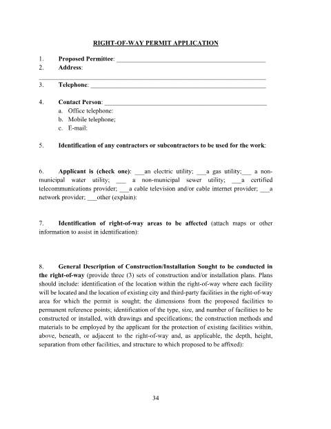 First page of the Right-Of-Way Permit Application
