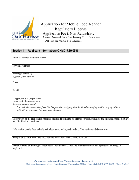First page of the Application for Mobile Food Vendor Regulatory License