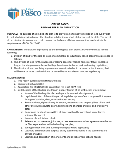 First page of the Binding Site Plan Application