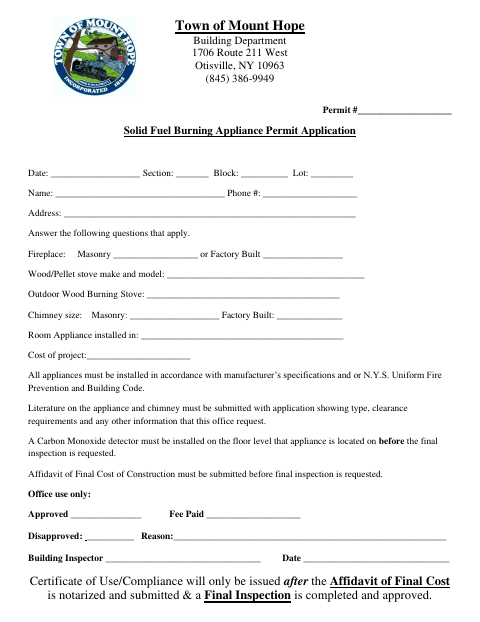 First page of the Solid Fuel Burning Appliance Permit Application