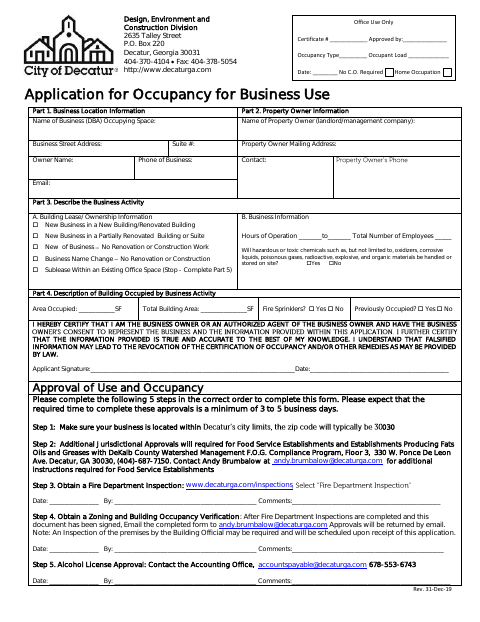 First page of the Application for Occupancy for Business Use