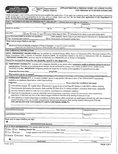 First page of the Application for a Parking Permit or License Plates for Persons With Severe Disabilities