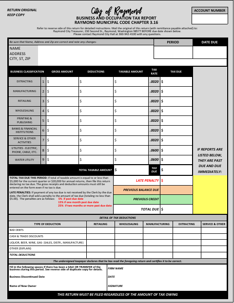 First page of the Business and Occupation Tax Report