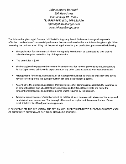 First page of the Commercial Film & Photography Permit