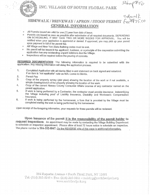 First page of the Sidewalk, Driveway, Apron and Stoop Permit