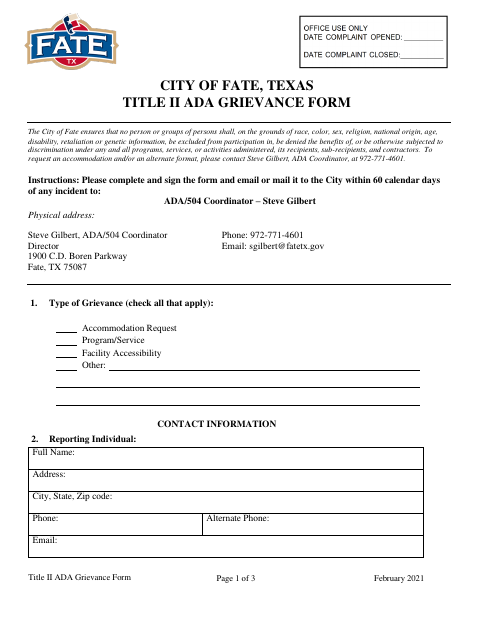 First page of the Title II ADA Grievance Form