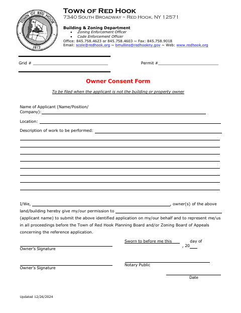 First page of the Owner Consent Form