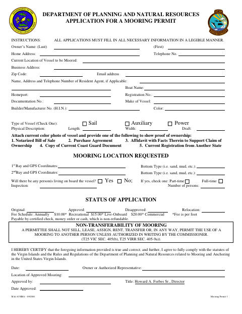 First page of the Application for a Mooring Permit