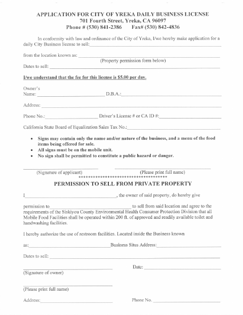 First page of the Daily Business License Application
