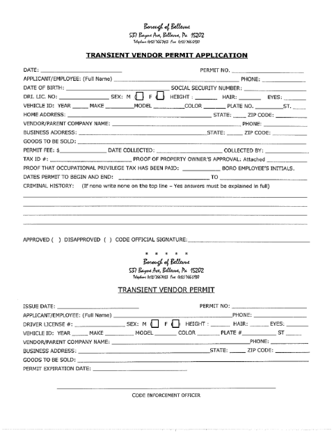 First page of the Transient Vendor Permit Application