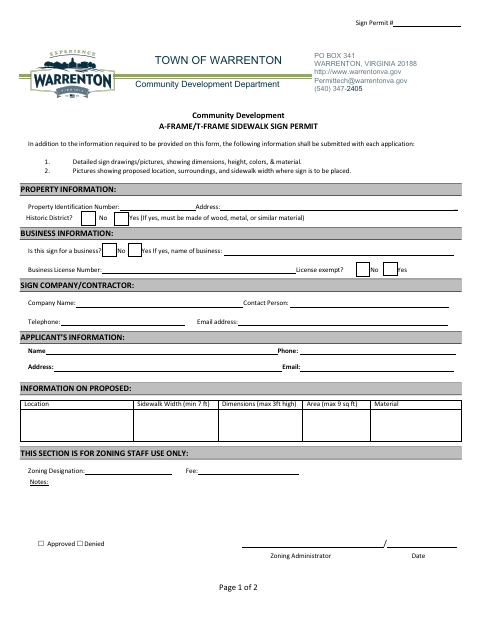 First page of the A-Frame/T-Frame Sidewalk Sign Permit