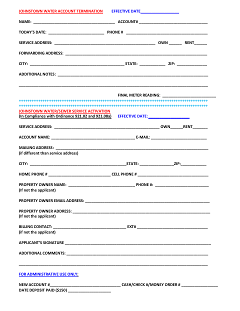 First page of the Water-Sewer Account Activation or Termination