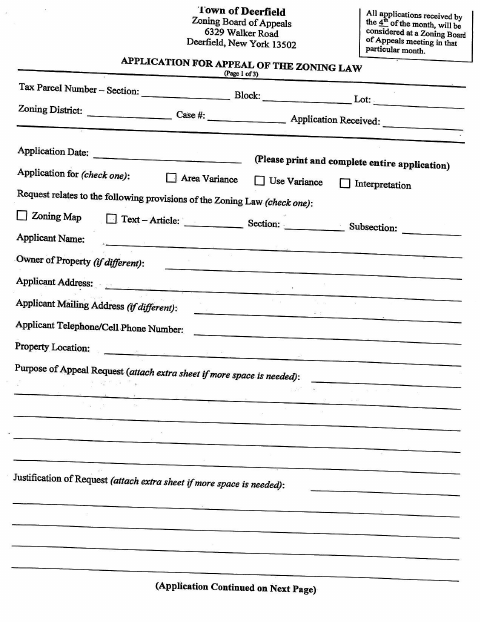 First page of the Application for Appeal of the Zoning Law