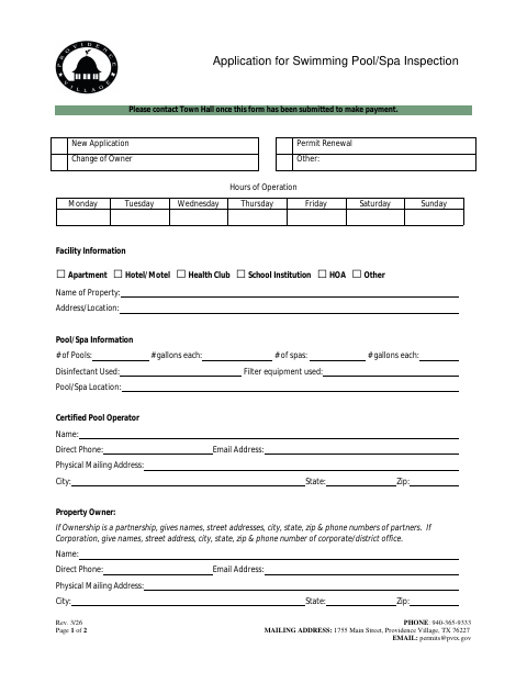 First page of the Application for Swimming Pool/Spa Inspection