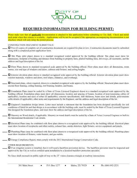 First page of the Building Permit Application With Requirements