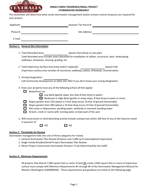 First page of the Single Family Residence/Small Project Stormwater Worksheet