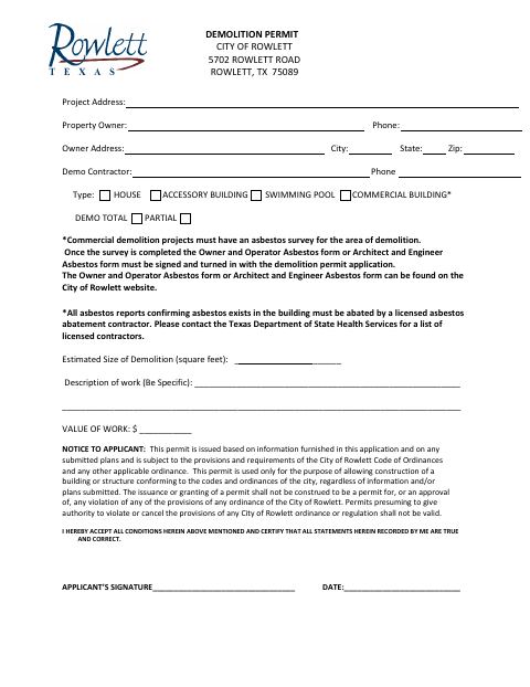 First page of the Demolition Permit Application