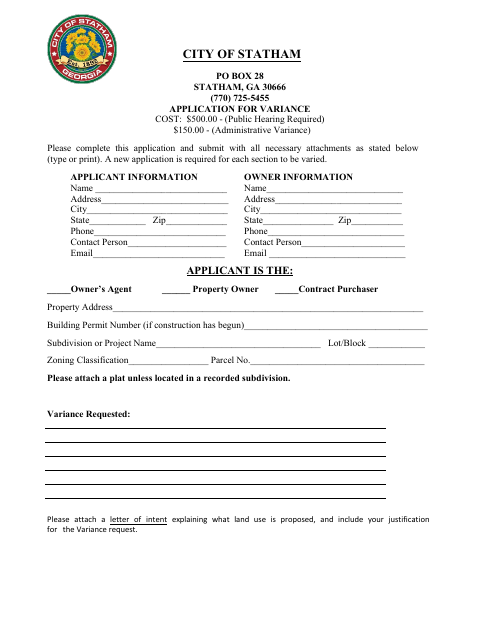 First page of the Application for Variance
