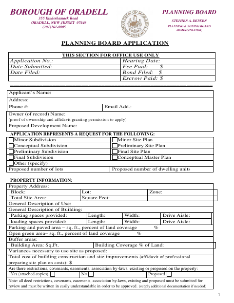 First page of the Planning Board Application Forms