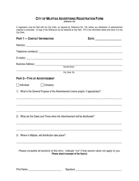 First page of the Advertising Registration Form
