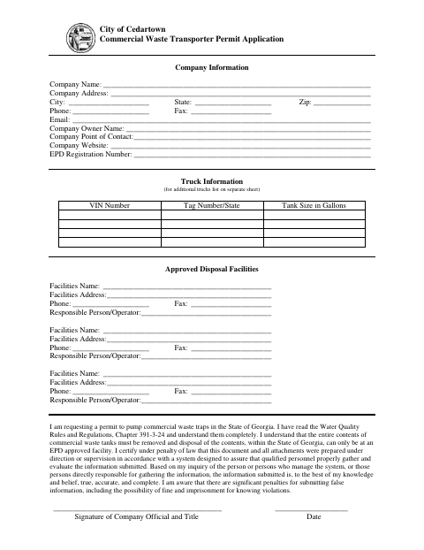 First page of the Commercial Waste Transporter Permit Application