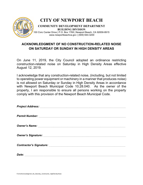 First page of the Acknowledgment of No Construction-Related Noise on Saturday or Sunday in High Density Areas
