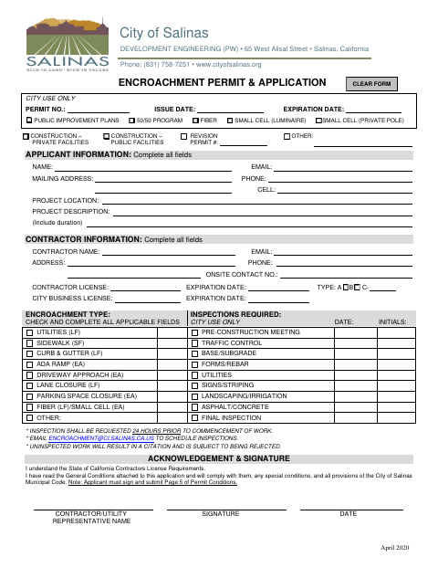 First page of the Encroachment Permit & Application