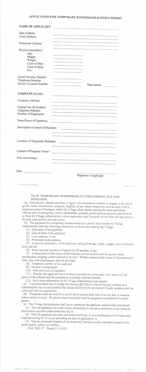 First page of the Temporary Business/Solicitor’s Permit Application