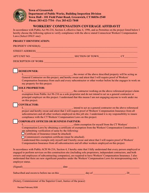 First page of the Workers' Compensation Coverage Affidavit