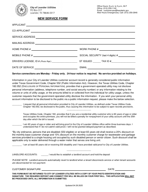 First page of the Utilities New Service Form