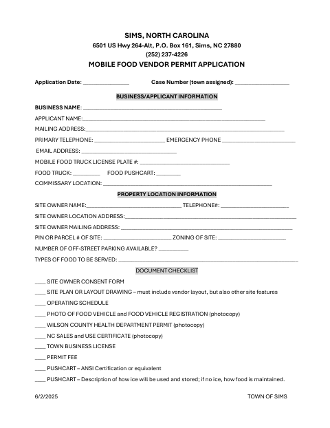First page of the Mobile Food Vendor Permit Application
