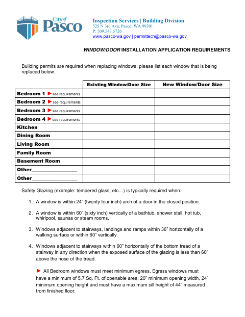 First page of the Window/Door Installation Application Requirements