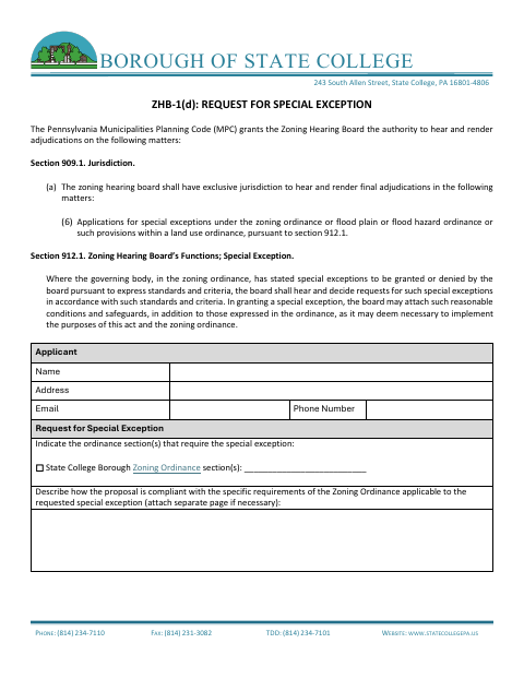 First page of the Request for Special Exception