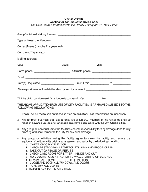 First page of the Application for Use of the Civic Room