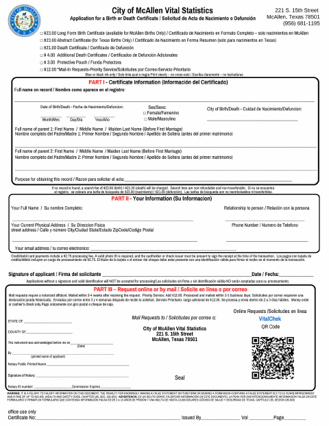 First page of the Birth and Death Certificate Application
