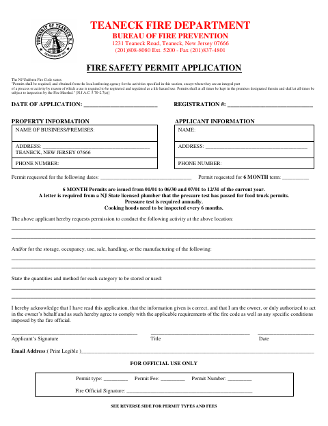 First page of the Fire Safety Permit Application