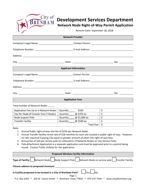 First page of the Network Node Right-of-Way Permit Application
