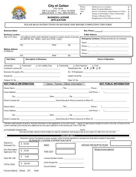 First page of the General Business License Application