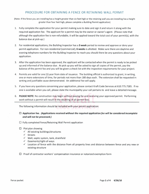 First page of the Fence and Retaining Wall Permit Application