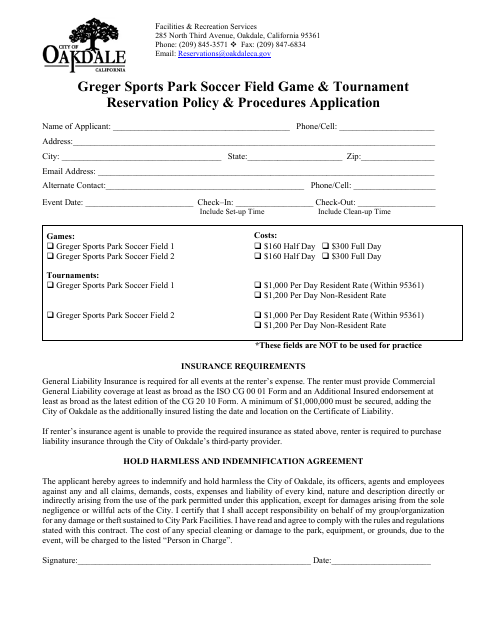 First page of the Greger Sports Park Soccer Field Game & Tournament Reservation Policy & Procedures Application