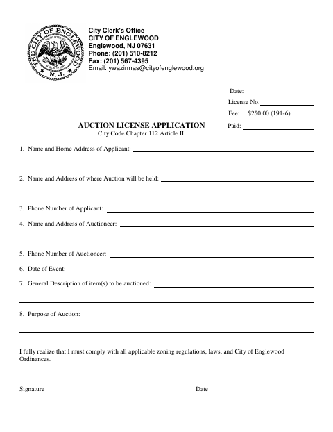 First page of the Auction License Application