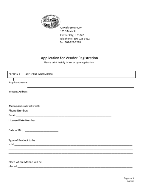 First page of the Application for Vendor Registration