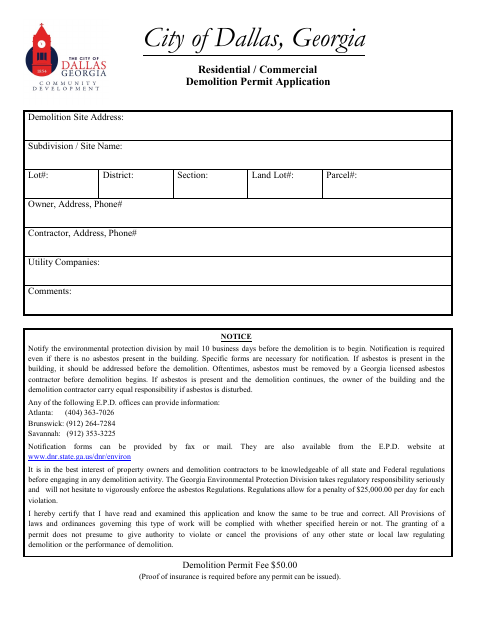 First page of the Demolition Permit Application