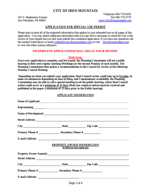 First page of the Application for Special Use Permit
